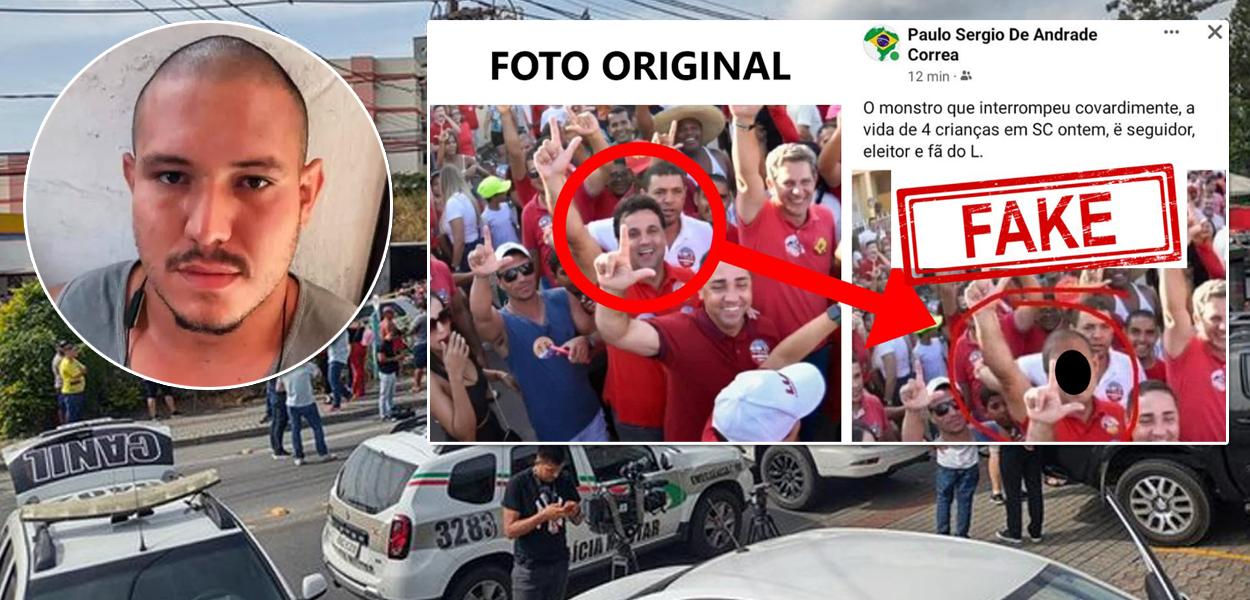 www.brasil247.com - Montagem: Luiz Henrique de Lima (círculo), dois prints tentando associar sem provas o PT ao massacre em Blumenau e, ao fundo, viaturas policiais no município catarinense