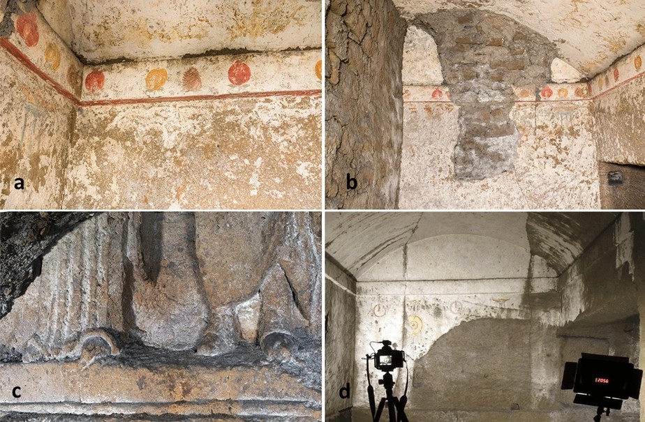 (a) Fragmentos de câmaras funerárias gregas; (b) Ipogeo dei Melograni decorado com afrescos de frutas ao longo das paredes; (c) fragmento de alto relevo e (d) câmara com restos de afrescos