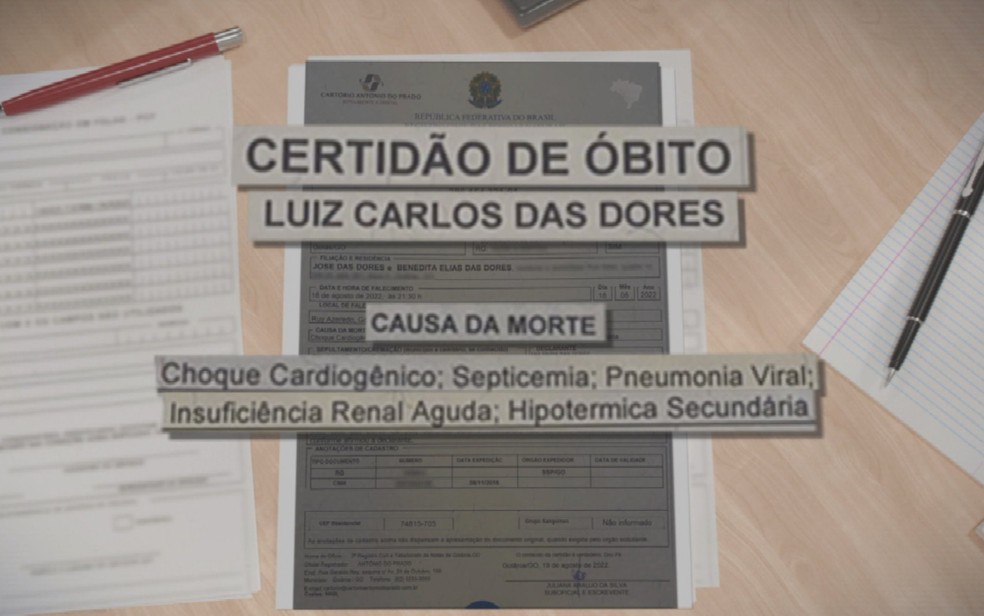 Certidão de óbito de Luiz apontou septicemia- infecção generalizada - Foto: Reprodução/TV Anhanguera