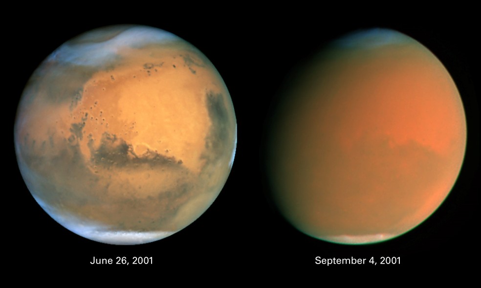 Duas faces dramaticamente diferentes de Marte aparecem nestas imagens de comparação mostrando como uma tempestade de poeira global engoliu Marte no início da primavera de 2001. - Foto: Nasa