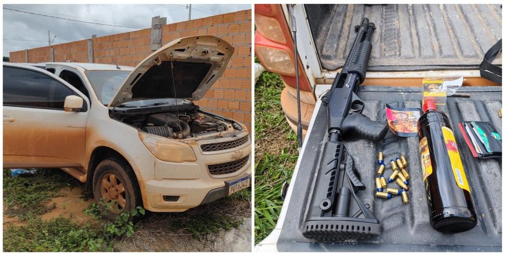 Caminhonete e arma usadas no crime. - Foto: Divulgação 